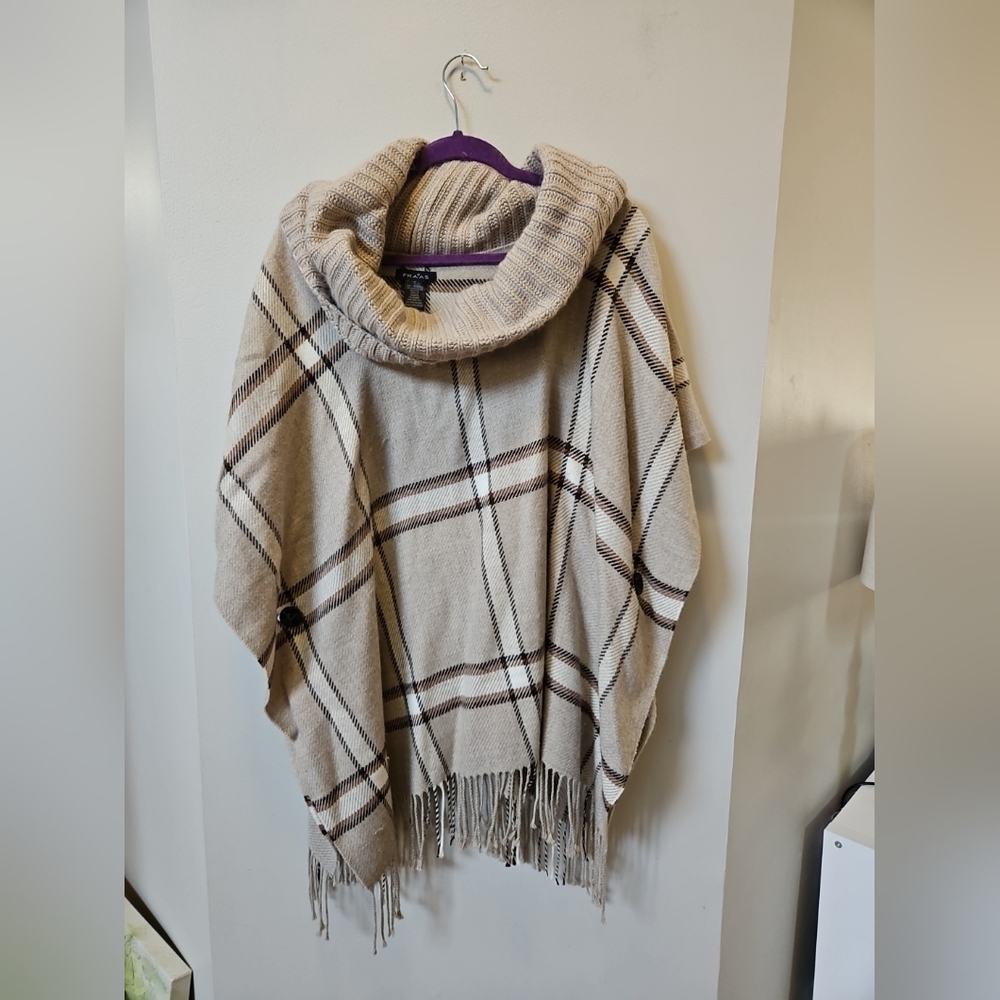 V.Fraas Tan Plaid Chunky Knit Cowl Neck Fringe Pull on Poncho One Size